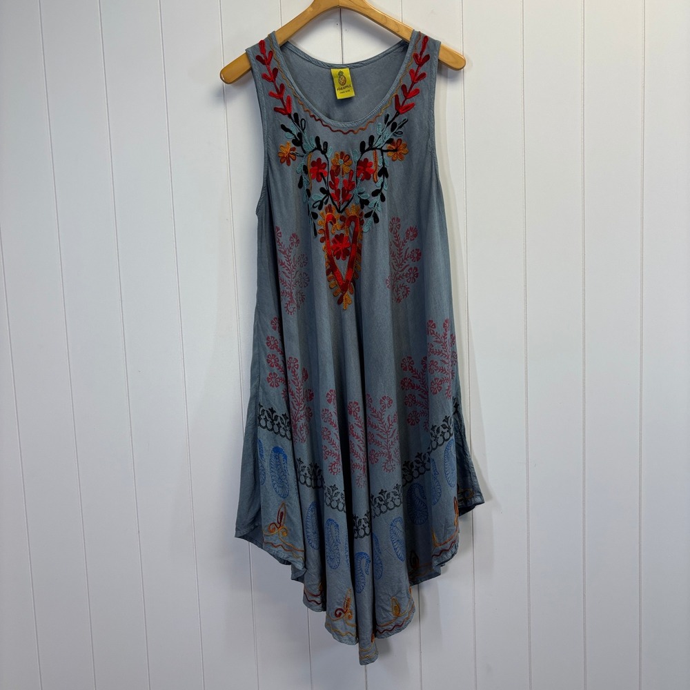 Pineapple Womens Boho Festival Embroidered Dress Free Size Beach Hippie Summer
